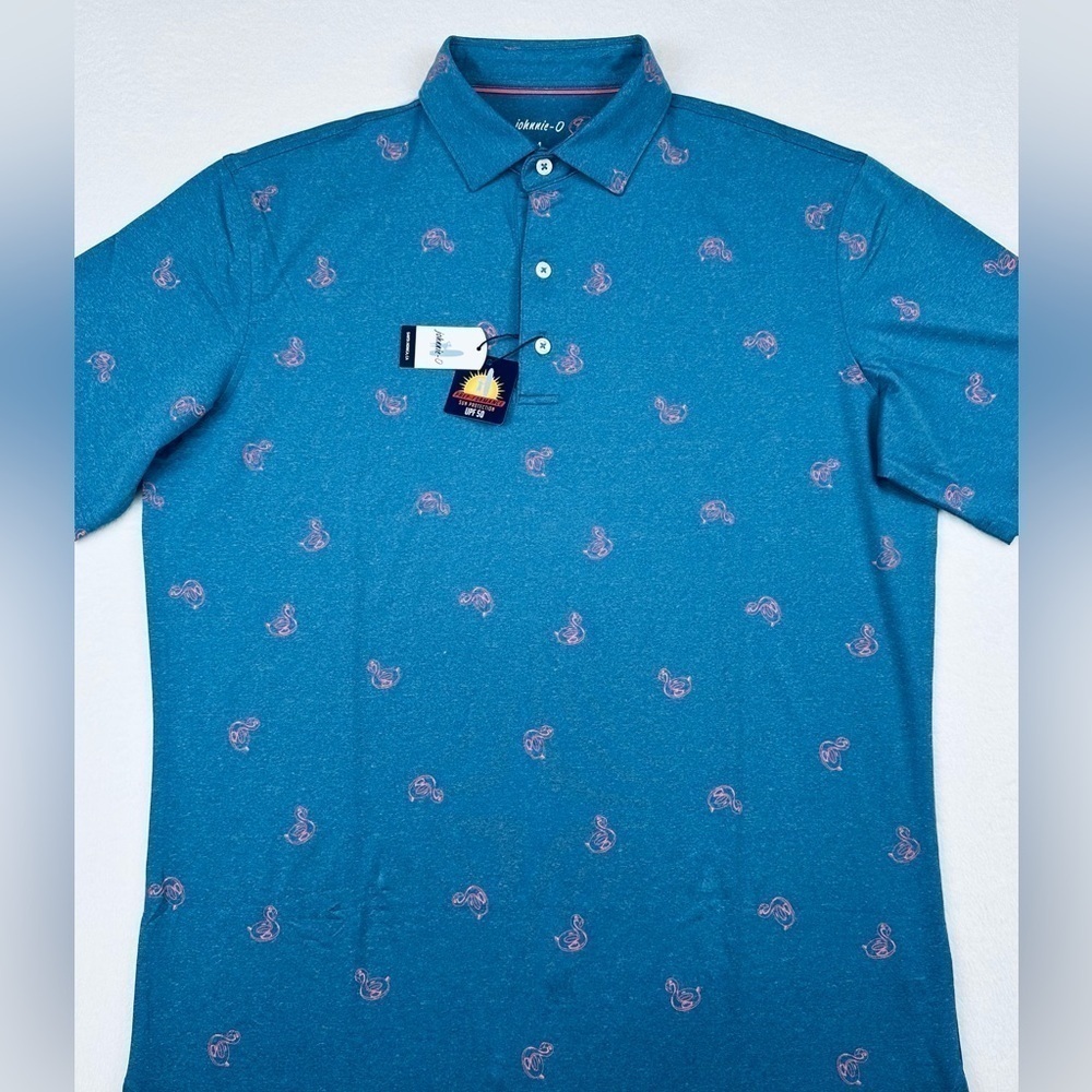 Johnnie-O Men’s Prep-formance Flamingo Floaty Lake Blue Golf Polo Shirt - Picture 3 of 10